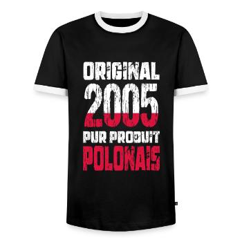 20 Year Anniversary - Original 2005 - Polish - Men's Ringer Shirt - black/white - Front - AI Model Female 172 light (172cm) & AI Model Male 178 light (178cm)