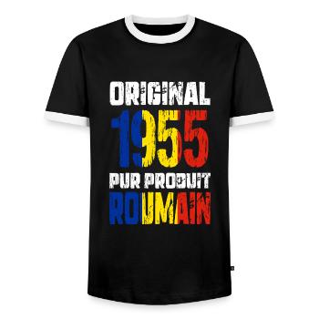 70th Anniversary - Original 1955 - Romanian - Men's Ringer Shirt - black/white - Front - AI Model Female 172 light (172cm) & AI Model Male 178 light (178cm)