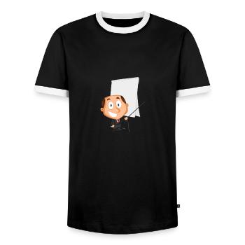 Lecturer uses flipchart, gift idea - Men's Ringer Shirt - black/white - Front - AI Model Female 172 light (172cm) & AI Model Male 178 light (178cm)