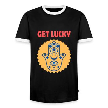 Get Lucky / Hamsa (Hand von Fatima) - Männer Kontrast-T-Shirt - Schwarz/Weiß - Vorne - AI Model Female 172 light (172cm) & AI Model Male 178 light (178cm)