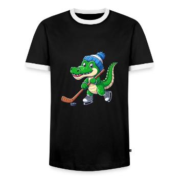 Krokodil-Eishockeyspieler - Lustiges Design - Männer Kontrast-T-Shirt - Schwarz/Weiß - Vorne - AI Model Female 172 light (172cm) & AI Model Male 178 light (178cm)