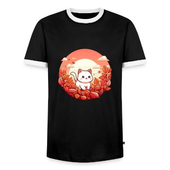 herbst katze laub bunte blätter sonnenuntergang - Männer Kontrast-T-Shirt - Schwarz/Weiß - Vorne - AI Model Female 172 light (172cm) & AI Model Male 178 light (178cm)