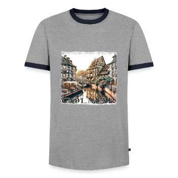 Vieille ville de Colmar : maisons à colombages et canaux en grunge - T-shirt contrasté Homme - gris/marine  - Devant - AI Model Female 172 light (172cm) & AI Model Male 178 light (178cm)