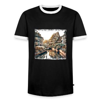 Colmar Altstadt: Fachwerkhäuser & Kanäle im Grunge - Männer Kontrast-T-Shirt - Schwarz/Weiß - Vorne - AI Model Female 172 light (172cm) & AI Model Male 178 light (178cm)