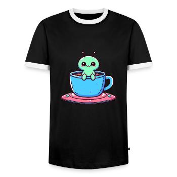 Green Alien & Coffee Tea: Interstellar Break with - Men's Ringer Shirt - black/white - Front - AI Model Female 172 light (172cm) & AI Model Male 178 light (178cm)