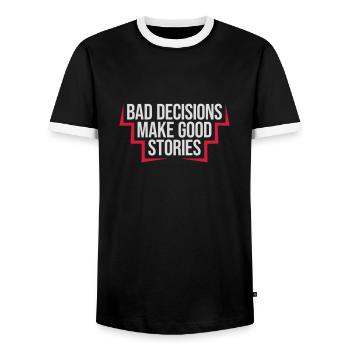 bad decisions great stories - Men's Ringer Shirt - black/white - Front - AI Model Female 172 light (172cm) & AI Model Male 178 light (178cm)