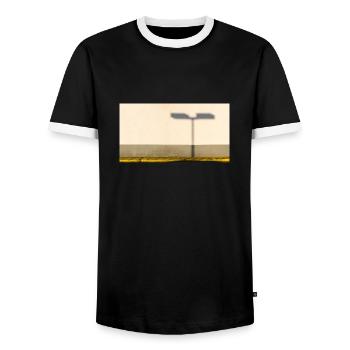 The shadow of the streetlight on the facade - Men's Ringer Shirt - black/white - Front - AI Model Female 172 light (172cm) & AI Model Male 178 light (178cm)