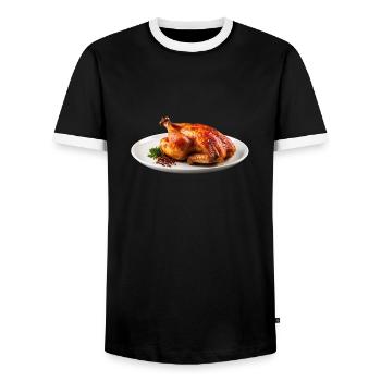 Ein gebratener Dino auf dem Teller - Männer Kontrast-T-Shirt - Schwarz/Weiß - Vorne - AI Model Female 172 light (172cm) & AI Model Male 178 light (178cm)