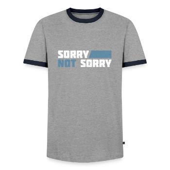 Sorry Not Sorry. Ironic and Funny Design - Men's Ringer Shirt - grey/navy  - Front - AI Model Female 172 light (172cm) & AI Model Male 178 light (178cm)