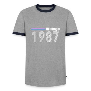 1987 - Men's Ringer Shirt - grey/navy  - Front - AI Model Female 172 light (172cm) & AI Model Male 178 light (178cm)