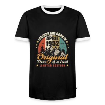 Original legends were born in April 1952 - Men's Ringer Shirt - black/white - Front - AI Model Female 172 light (172cm) & AI Model Male 178 light (178cm)