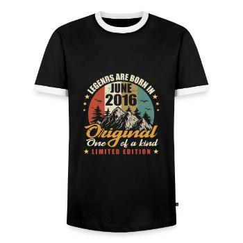 Original legends were born in June 2016 - Men's Ringer Shirt - black/white - Front - AI Model Female 172 light (172cm) & AI Model Male 178 light (178cm)