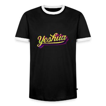 Yeshúa - Urban Lettering Style - Men's Ringer Shirt - black/white - Front - AI Model Female 172 light (172cm) & AI Model Male 178 light (178cm)