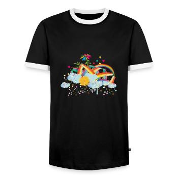 fairytale rainbow sky with clouds & flower - Men's Ringer Shirt - black/white - Front - AI Model Female 172 light (172cm) & AI Model Male 178 light (178cm)