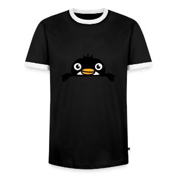 Little penguin peeking sweetly from behind wall child - Men's Ringer Shirt - black/white - Front - AI Model Female 172 light (172cm) & AI Model Male 178 light (178cm)