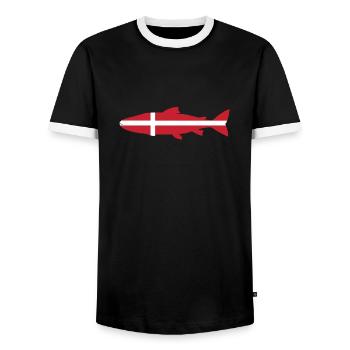 Lachs_Dänemark_umriss - Männer Kontrast-T-Shirt - Schwarz/Weiß - Vorne - AI Model Female 172 light (172cm) & AI Model Male 178 light (178cm)