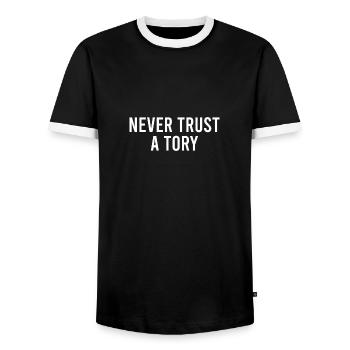 Never Trust a Tory - Men's Ringer Shirt - black/white - Front - AI Model Female 172 light (172cm) & AI Model Male 178 light (178cm)