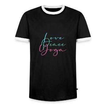 love, peace, yoga, writing, pastel, colorful - Men's Ringer Shirt - black/white - Front - AI Model Female 172 light (172cm) & AI Model Male 178 light (178cm)