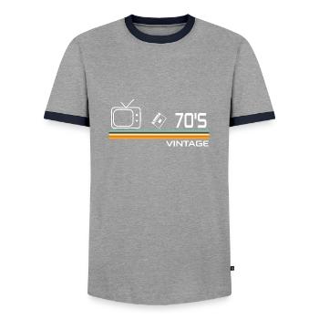 70's - Men's Ringer Shirt - grey/navy  - Front - AI Model Female 172 light (172cm) & AI Model Male 178 light (178cm)