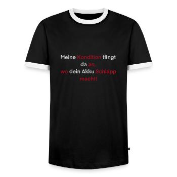 "Meine Kondition fängt da an,.." Spruch - Männer Kontrast-T-Shirt - Schwarz/Weiß - Vorne - AI Model Female 172 light (172cm) & AI Model Male 178 light (178cm)