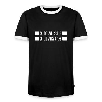 Know Jesus Know Peace No Hate Christian Bible Love - Men's Ringer Shirt - black/white - Front - AI Model Female 172 light (172cm) & AI Model Male 178 light (178cm)