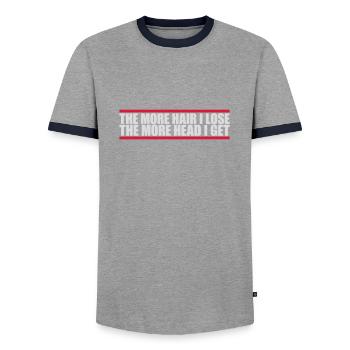 I get more head - Men's Ringer Shirt - grey/navy  - Front - AI Model Female 172 light (172cm) & AI Model Male 178 light (178cm)