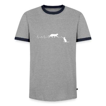 Katze Herzschlag zwei Katzen Katzenliebe - Männer Kontrast-T-Shirt - Grau/Navy  - Vorne - AI Model Female 172 light (172cm) & AI Model Male 178 light (178cm)