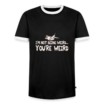 Ich bin nicht komisch Du bist seltsam Katze Papa Mama Meme - Männer Kontrast-T-Shirt - Schwarz/Weiß - Vorne - AI Model Female 172 light (172cm) & AI Model Male 178 light (178cm)