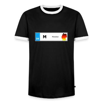 München Autokennzeichen Fahrzeugnummer Auto - Männer Kontrast-T-Shirt - Schwarz/Weiß - Vorne - AI Model Female 172 light (172cm) & AI Model Male 178 light (178cm)