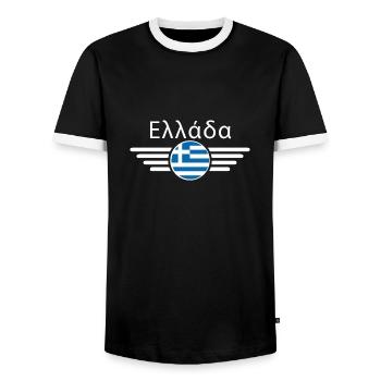Greece T-Shirt: Myth, Sun, Culture - Men's Ringer Shirt - black/white - Front - AI Model Female 172 light (172cm) & AI Model Male 178 light (178cm)