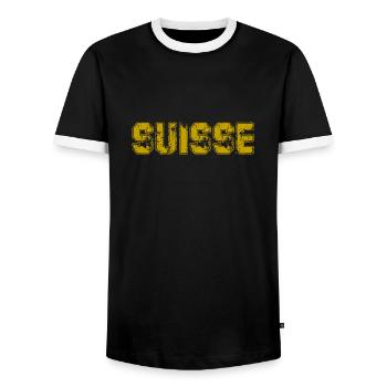 SWITZERLAND. COUNTRY. GENEVA. HUMOR. FLAG. GENEVA - Men's Ringer Shirt - black/white - Front - AI Model Female 172 light (172cm) & AI Model Male 178 light (178cm)