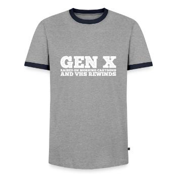 Gen X FAFO Generation X - Men's Ringer Shirt - grey/navy  - Front - AI Model Female 172 light (172cm) & AI Model Male 178 light (178cm)