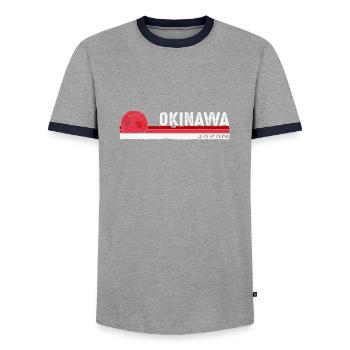 Okinawa Japan Retro Heritage Souvenir for Men - Men's Ringer Shirt - grey/navy  - Front - AI Model Female 172 light (172cm) & AI Model Male 178 light (178cm)