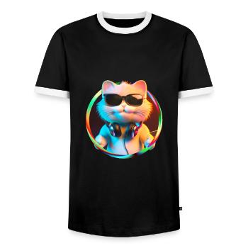 Cat Glasses Turntable DJ Disco Club Headphones - Men's Ringer Shirt - black/white - Front - AI Model Female 172 light (172cm) & AI Model Male 178 light (178cm)