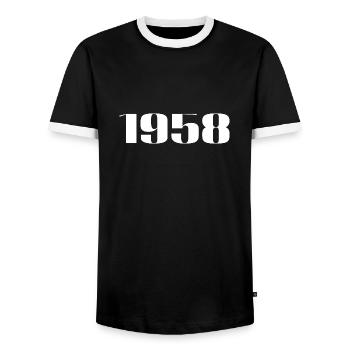 1958 - Gift born in 1958 - Men's Ringer Shirt - black/white - Front - AI Model Female 172 light (172cm) & AI Model Male 178 light (178cm)