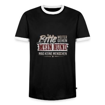 Bitte weitergehen! Mein Hund mag keine Menschen. - Männer Kontrast-T-Shirt - Schwarz/Weiß - Vorne - AI Model Female 172 light (172cm) & AI Model Male 178 light (178cm)