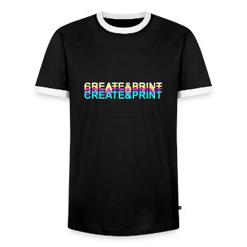 Create & Print (White Text) - Men's Ringer Shirt - black/white - Front - AI Model Female 172 light (172cm) & AI Model Male 178 light (178cm)