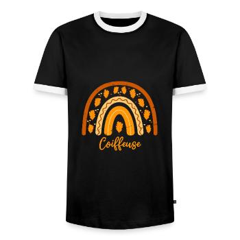 Zum besten Friseur gewählt| Schminktisch Geschenkidee - Männer Kontrast-T-Shirt - Schwarz/Weiß - Vorne - AI Model Female 172 light (172cm) & AI Model Male 178 light (178cm)