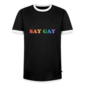 SAY GAY LGBTQ Pride Accessoires - - Männer Kontrast-T-Shirt - Schwarz/Weiß - Vorne - AI Model Female 172 light (172cm) & AI Model Male 178 light (178cm)
