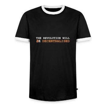 Bitcoin Revolution - White/Orange/UK - Men's Ringer Shirt - black/white - Front - AI Model Female 172 light (172cm) & AI Model Male 178 light (178cm)