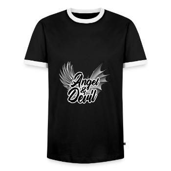 Angel and devil angel wings saying - Men's Ringer Shirt - black/white - Front - AI Model Female 172 light (172cm) & AI Model Male 178 light (178cm)