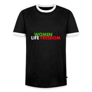 Women life freedom - Men's Ringer Shirt - black/white - Front - AI Model Female 172 light (172cm) & AI Model Male 178 light (178cm)