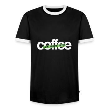 Funny Life Quote Life Begins After Coffee - Men's Ringer Shirt - black/white - Front - AI Model Female 172 light (172cm) & AI Model Male 178 light (178cm)