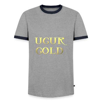 Ugur Gold / Hero / Money / World - Men's Ringer Shirt - grey/navy  - Front - AI Model Female 172 light (172cm) & AI Model Male 178 light (178cm)