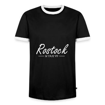 Koordinaten Rostock Norddeutschland Motiv - Männer Kontrast-T-Shirt - Schwarz/Weiß - Vorne - AI Model Female 172 light (172cm) & AI Model Male 178 light (178cm)