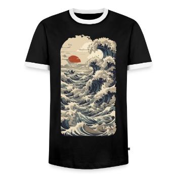 Ukiyo-E Wave Vintage Japon Streetwear - T-shirt contrasté Homme - noir/blanc - Devant - AI Model Female 172 light (172cm) & AI Model Male 178 light (178cm)