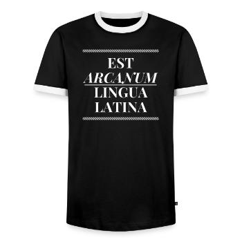 Le latin est ma langue secrète - en latin - T-shirt contrasté Homme - noir/blanc - Devant - AI Model Female 172 light (172cm) & AI Model Male 178 light (178cm)
