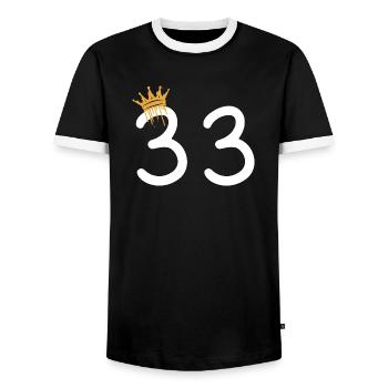 33 - Men's Ringer Shirt - black/white - Front - AI Model Female 172 light (172cm) & AI Model Male 178 light (178cm)
