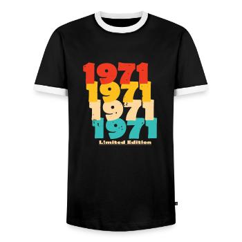 1971: Limited Edition - 53rd Anniversary - Men's Ringer Shirt - black/white - Front - AI Model Female 172 light (172cm) & AI Model Male 178 light (178cm)