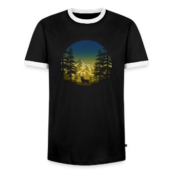 Deer in the forest (round / blue-yellow) - Men's Ringer Shirt - black/white - Front - AI Model Female 172 light (172cm) & AI Model Male 178 light (178cm)